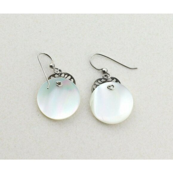 Sterling Silver Mother of Pearl with Sterling Leaf Earrings Dangle Drop Earrings - Picture 7 of 7